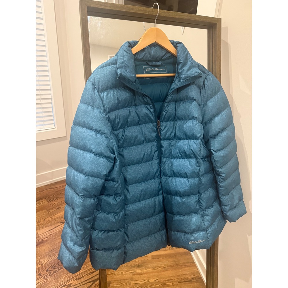 Eddie Bauer Womens 2X Teal Blue Quilted Down Puffer Jacket Full Zip Winter Coat